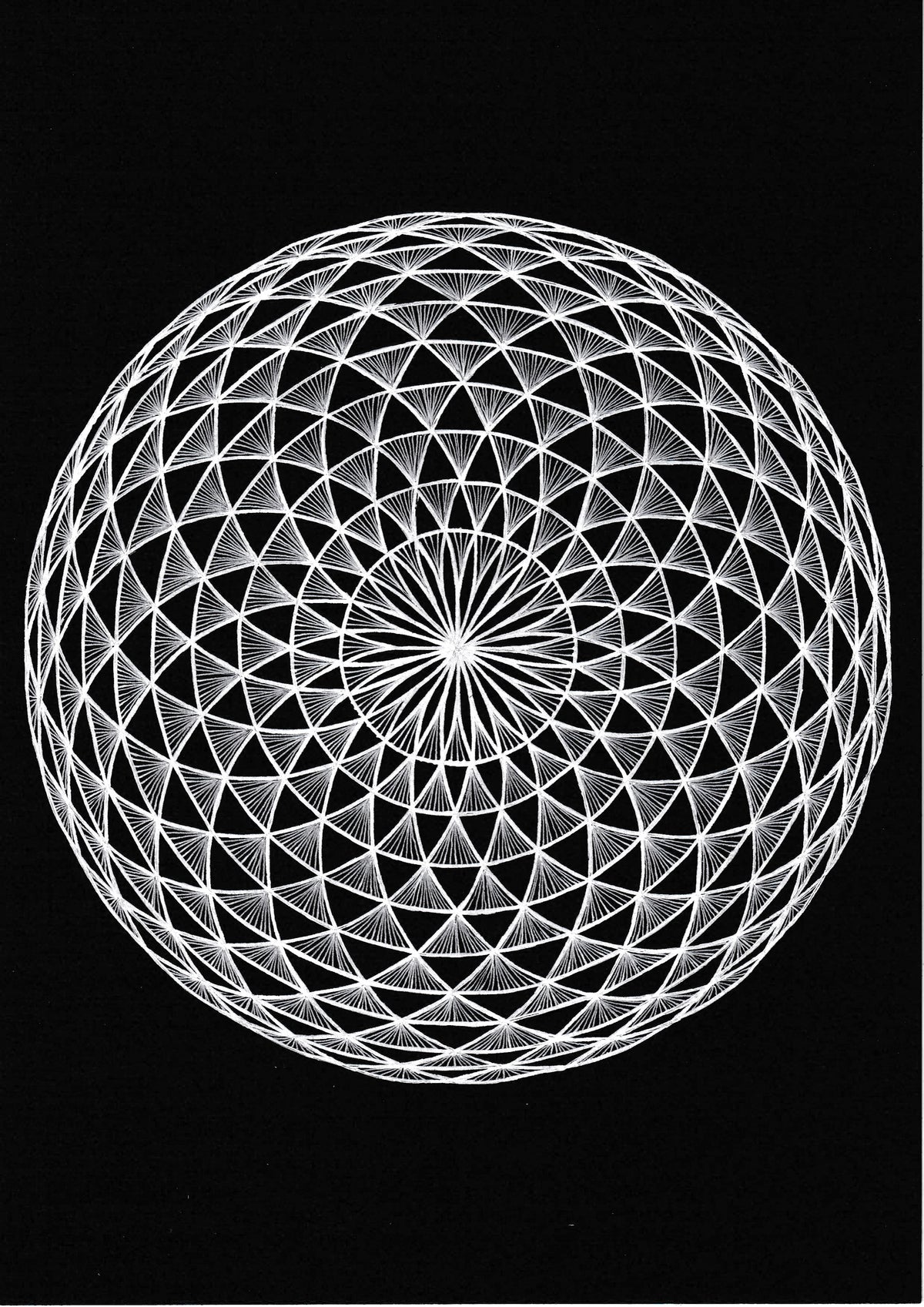 Tranquil Trance 2 — a torus pattern in white gel pen on black paper with the shading inverted, by Louise Clark