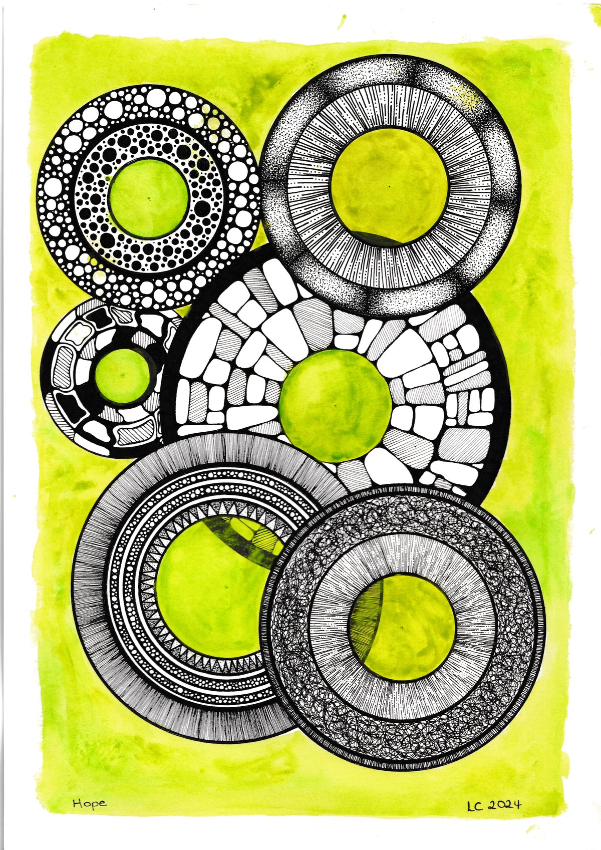 Hope — a watercolour in bright greens and black ink, each feeling held in its own circle, by Louise Clark