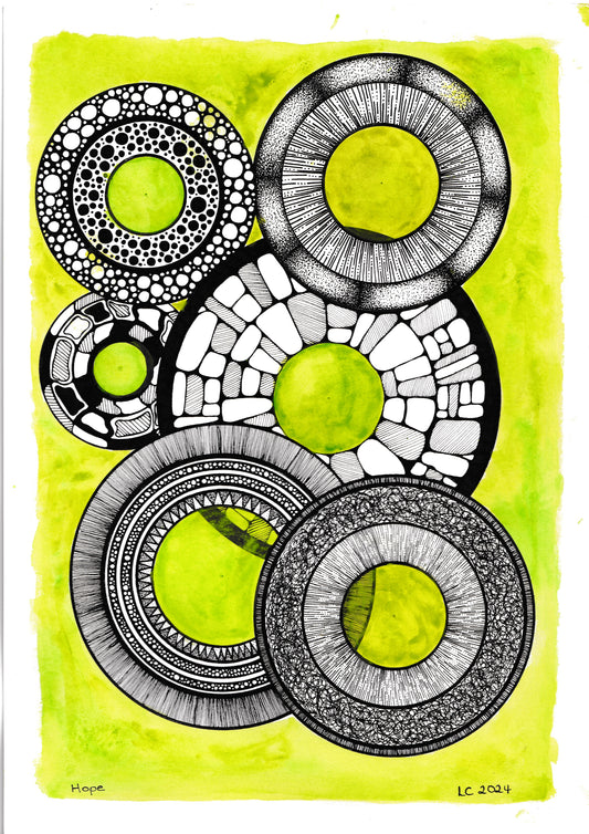Hope — a watercolour in bright greens and black ink, each feeling held in its own circle, by Louise Clark
