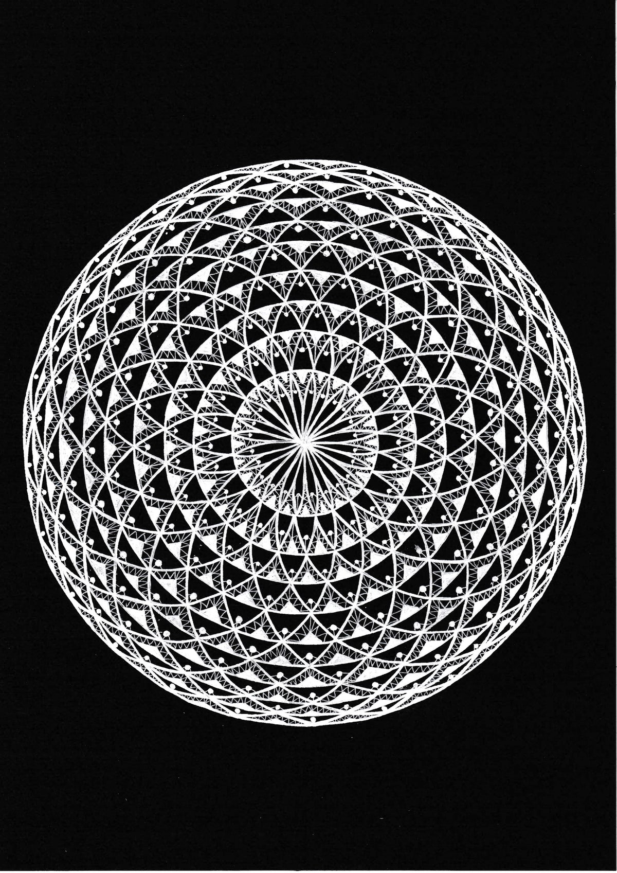 Lace Trance — a torus pattern in white gel pen on black paper, worked until it looks like lace, by Louise Clark