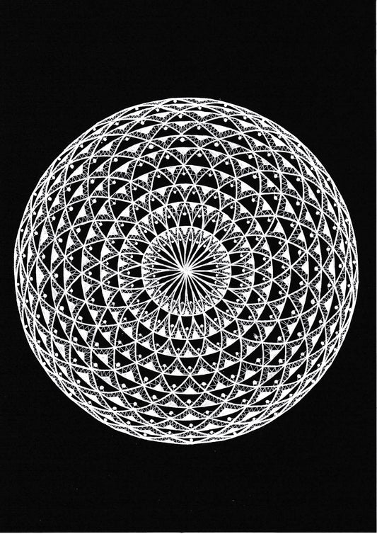 Lace Trance — a torus pattern in white gel pen on black paper, worked until it looks like lace, by Louise Clark