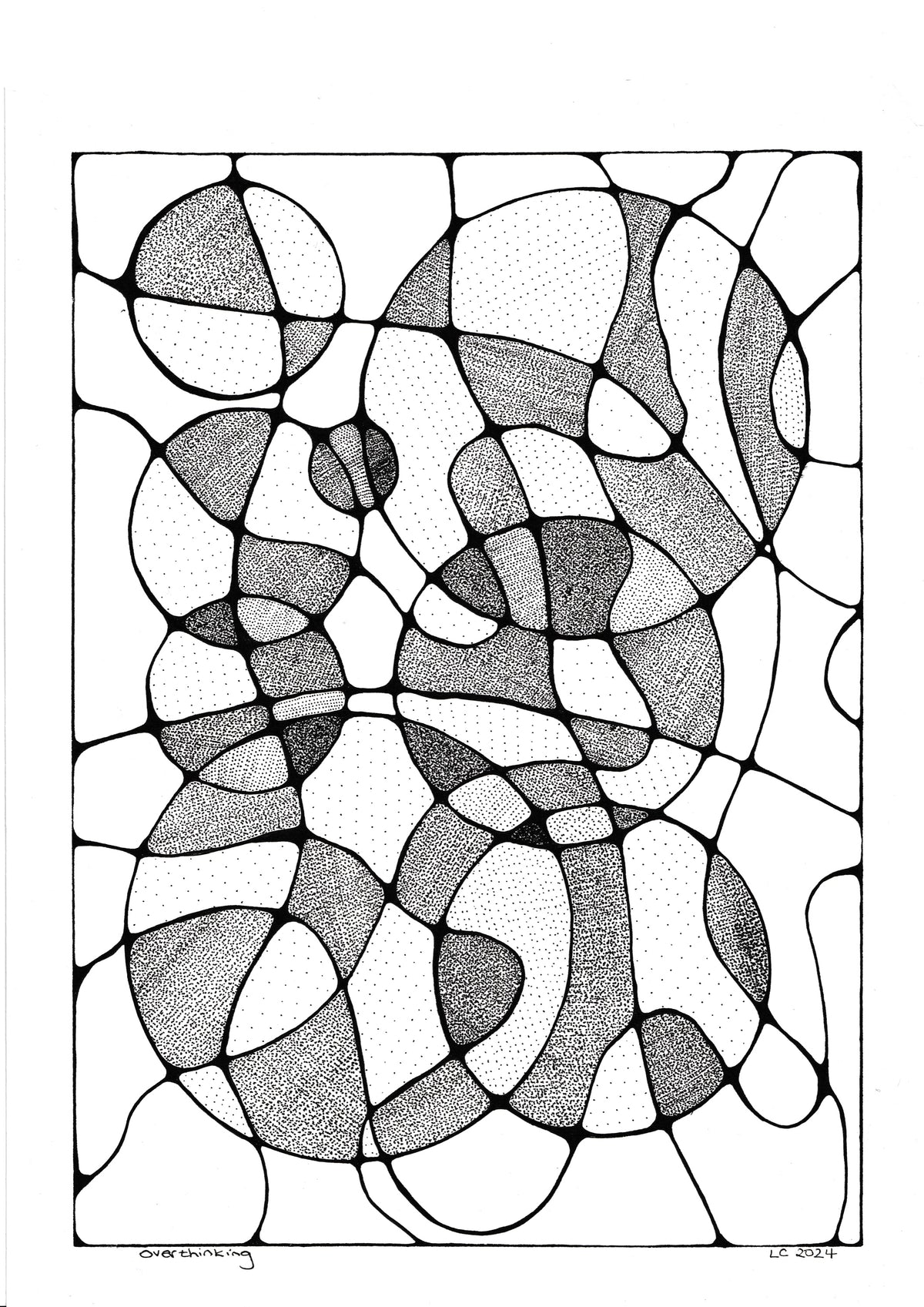 Overthinking — thousands of black ink dots and circles on white paper, by Louise Clark