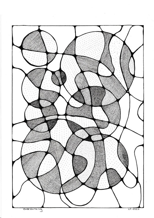 Overthinking — thousands of black ink dots and circles on white paper, by Louise Clark