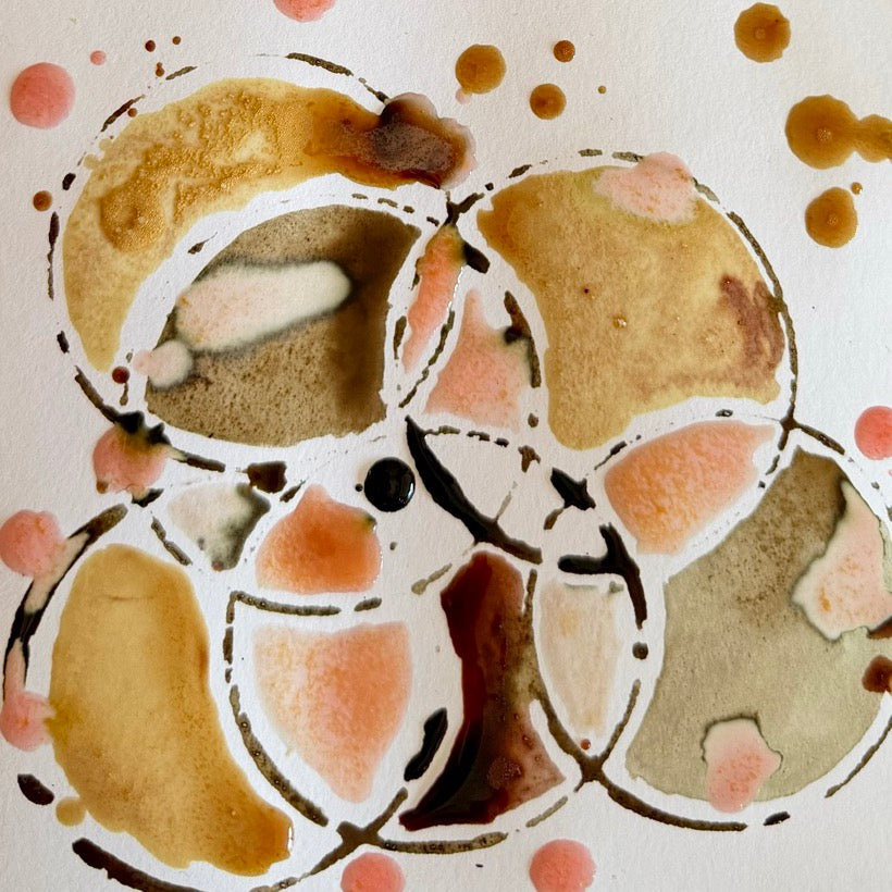 Overlapping circles painted in rowan berry ink on watercolour paper, in coral, tan, olive and near-black