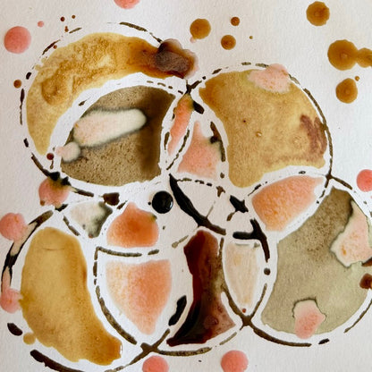 Overlapping circles painted in rowan berry ink on watercolour paper, in coral, tan, olive and near-black