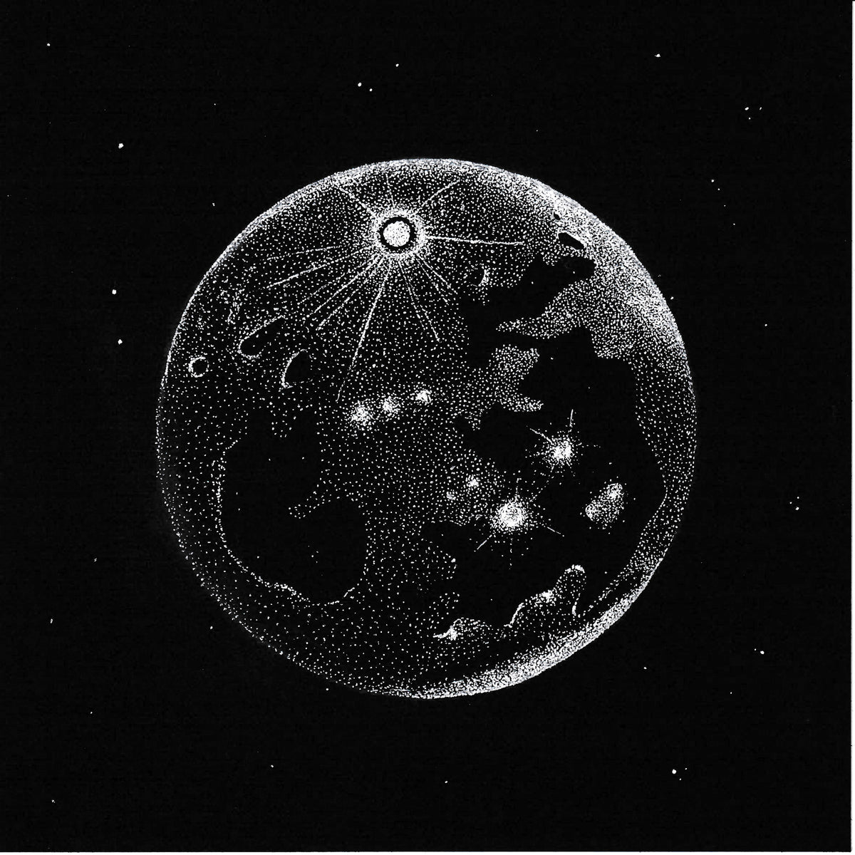 Stippled Moon — a moon drawn entirely in white gel pen dots on black paper, by Louise Clark
