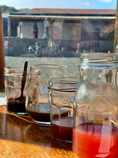 Four jars of rowan ink in different colours lined up on the table against the studio window, the farm behind