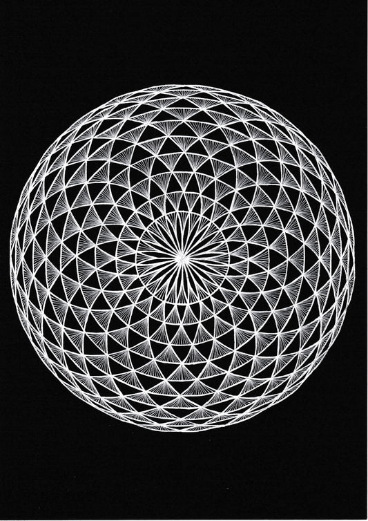Tranquil Trance 2 — a torus pattern in white gel pen on black paper with the shading inverted, by Louise Clark