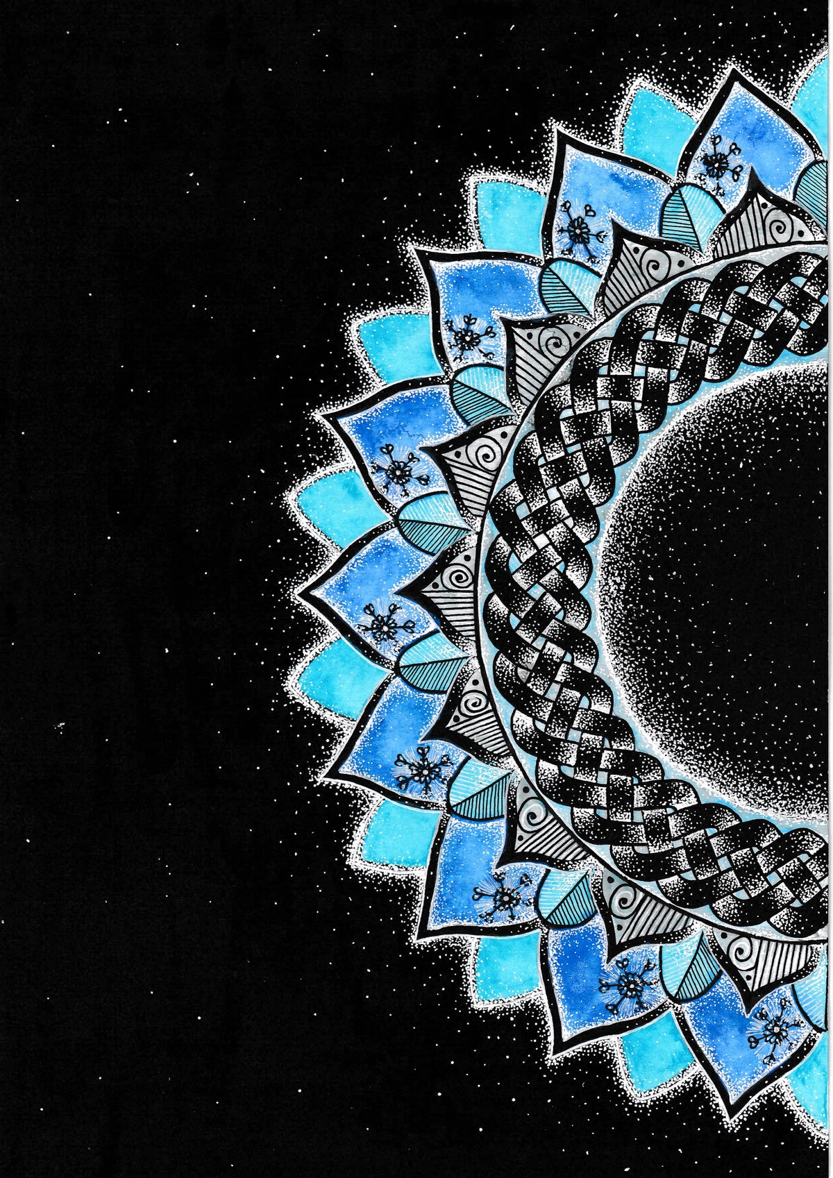 Wintering — a half-mandala in snowy blues and whites on a black ink background, by Louise Clark