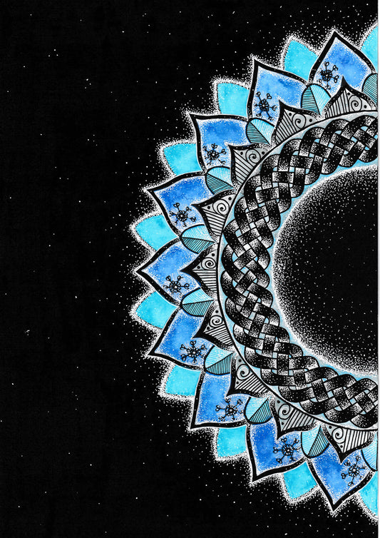 Wintering — a half-mandala in snowy blues and whites on a black ink background, by Louise Clark